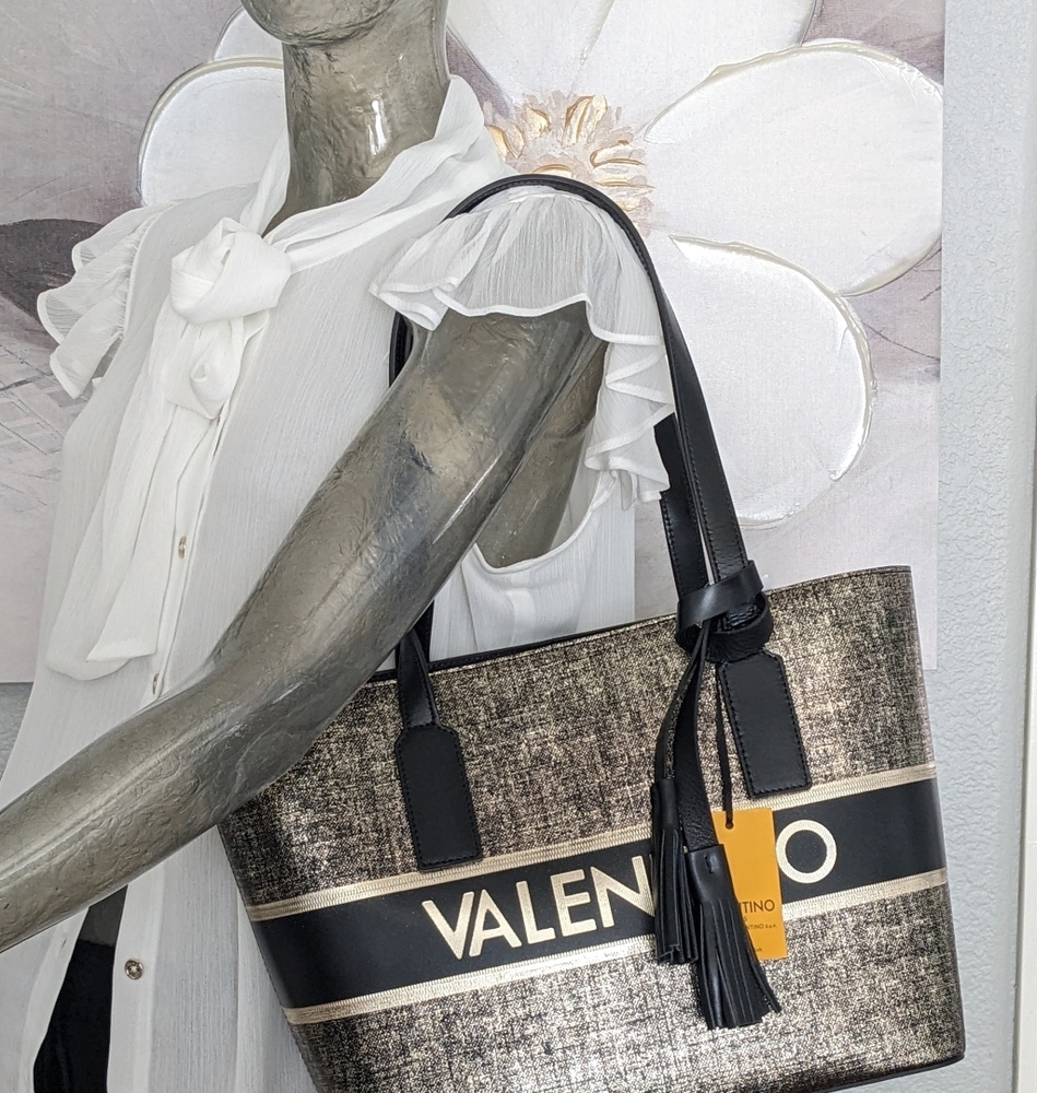 VALENTINO MARIO PRINCE GOLD LINEN LOGO-ADORNED TEXTURED LEATHER + DUST BAG NWT ❤